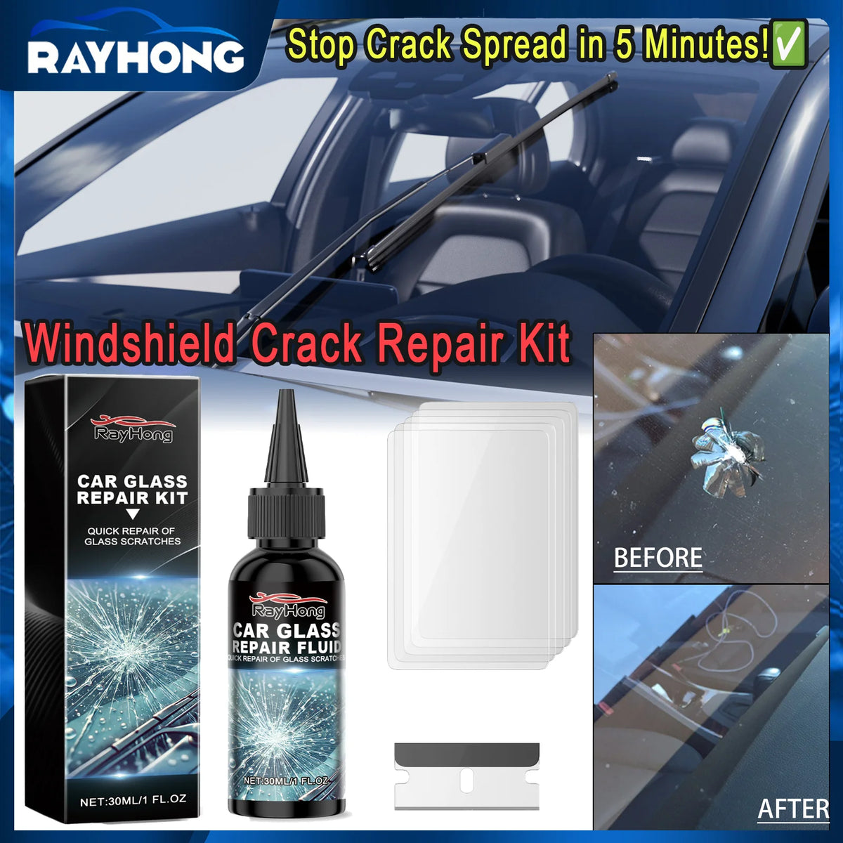 Windshield Repair Kit with UV Resin for Chips and Cracks