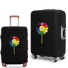 Black elastic suitcase protective cover featuring a colorful daisy print on the front.