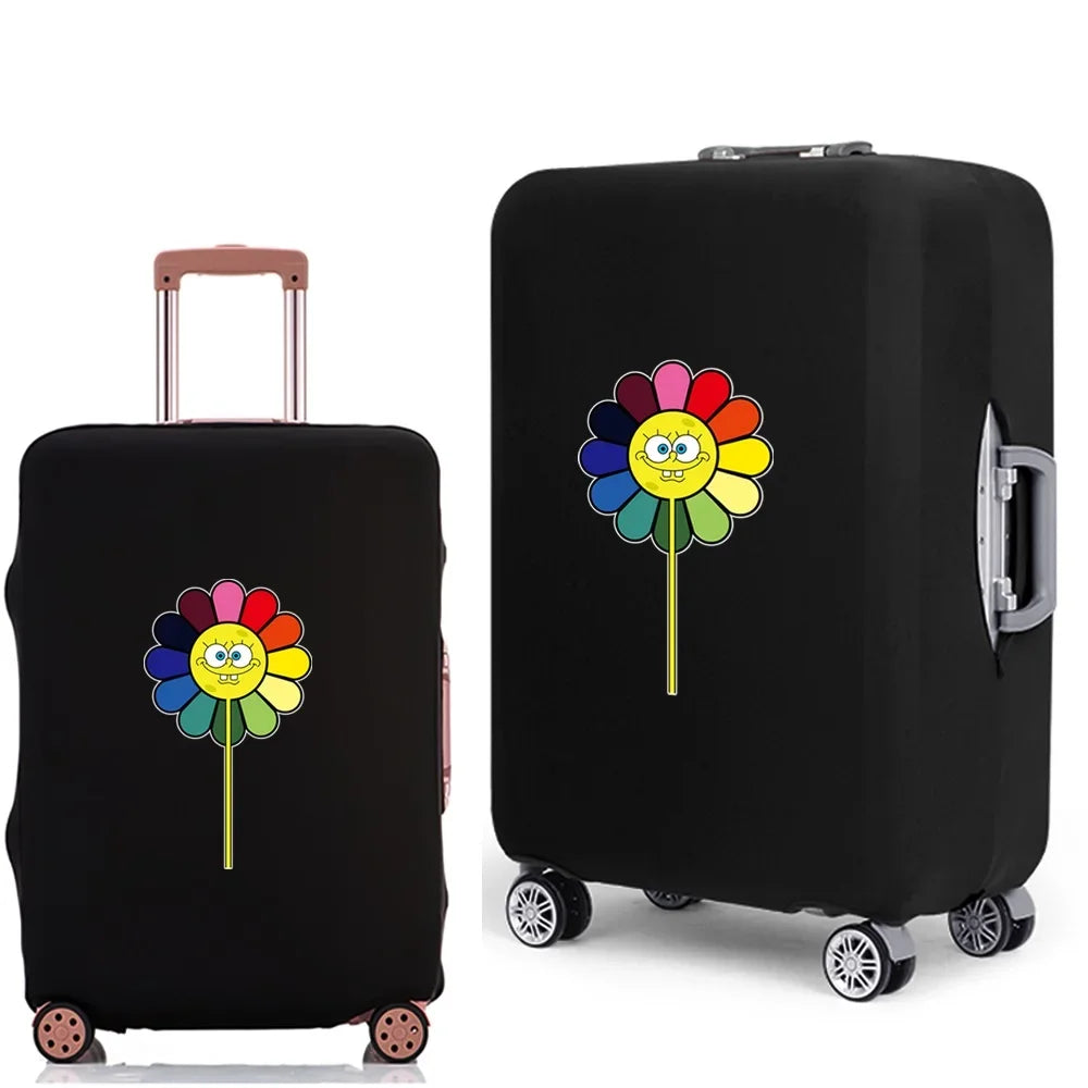 Black elastic suitcase protective cover featuring a colorful daisy print on the front.