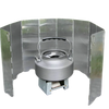 A portable aluminum alloy windshield designed for camping stoves, shown in a silver finish.