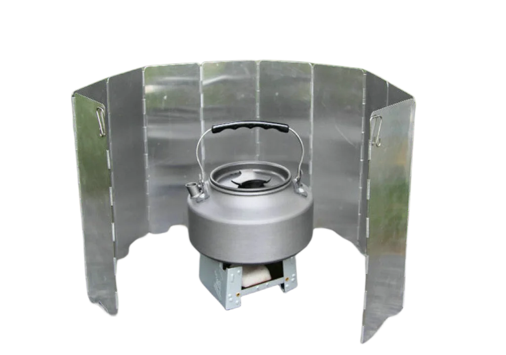 A portable aluminum alloy windshield designed for camping stoves, shown in a silver finish.