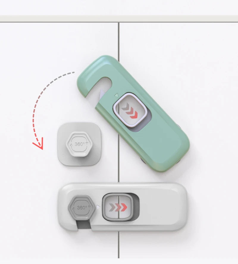 A light green child safety cabinet lock mechanism shown with an inset detail and a separate drawer lock.
