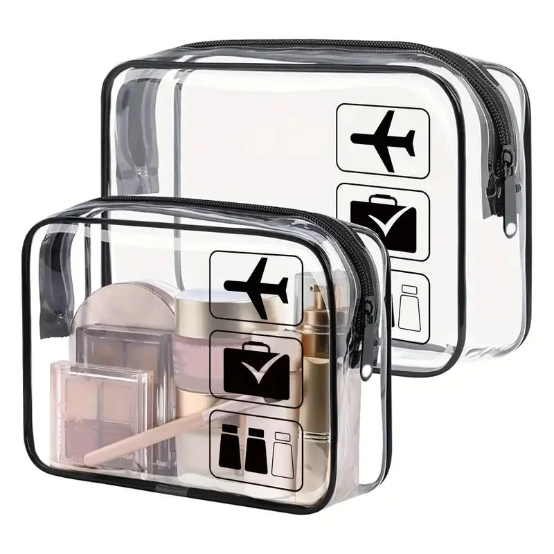 Clear quart-size toiletry bag with zippered compartment and TSA-approved icons