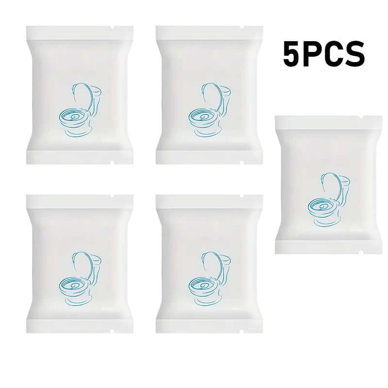Five individually wrapped disposable toilet seat covers in white packaging.
