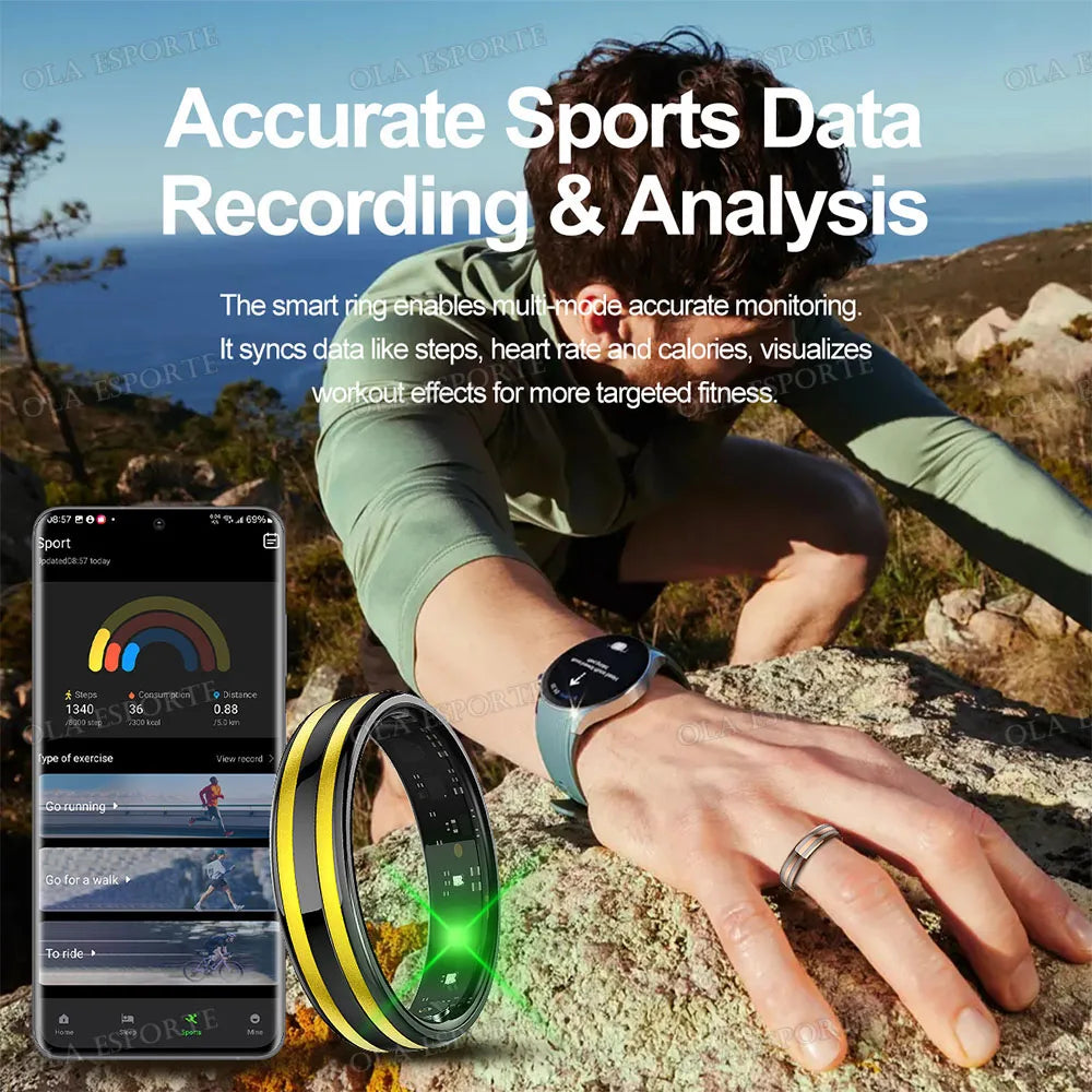 A person wearing a smart ring records sports data while outdoors, with a smartphone displaying workout metrics.