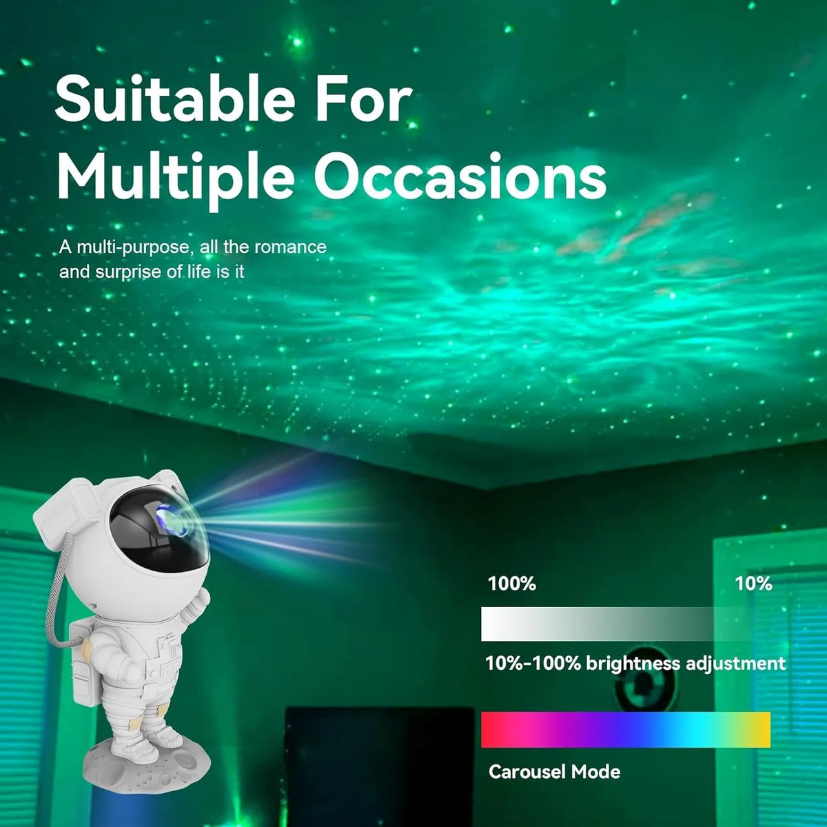 An astronaut figure is shown illuminating a green, starry effect on a dark background.