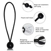 A black bungee cord with a rope tail treatment and a plastic ball head, showing its components.