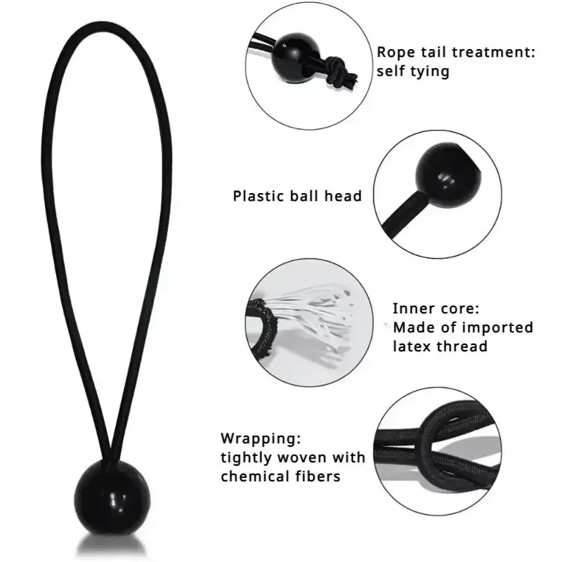 A black bungee cord with a rope tail treatment and a plastic ball head, showing its components.