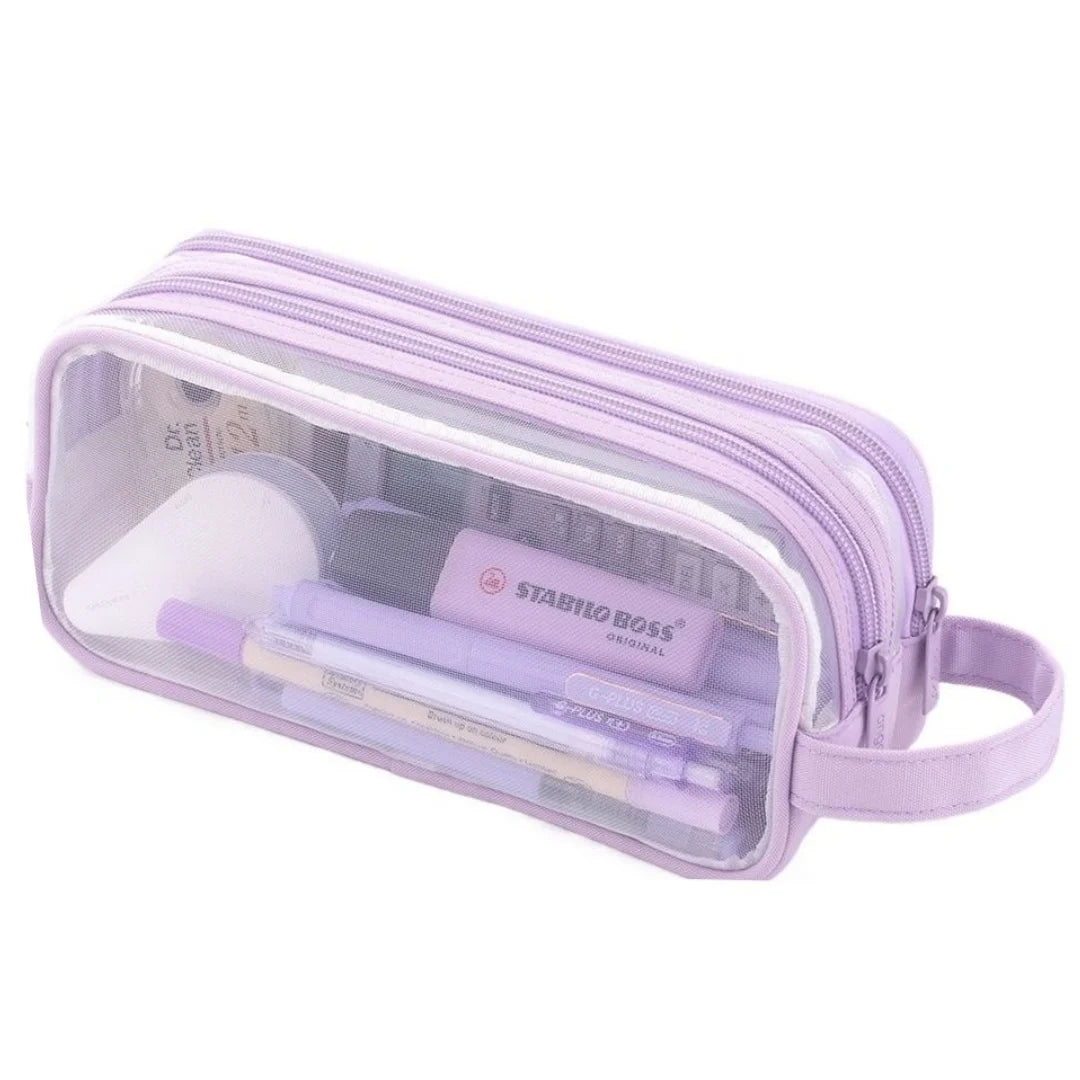 A clear mesh purple pencil case containing pens and other school or office supplies.
