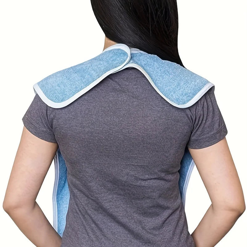 Back view of a gray t-shirt with a blue flannel bib attached for adult care.