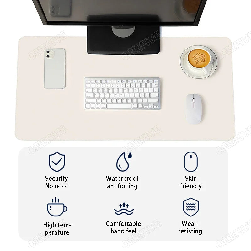 A premium PU leather desk mat featuring a wireless mouse, keyboard, and a cup, highlighting security, waterproof features, an