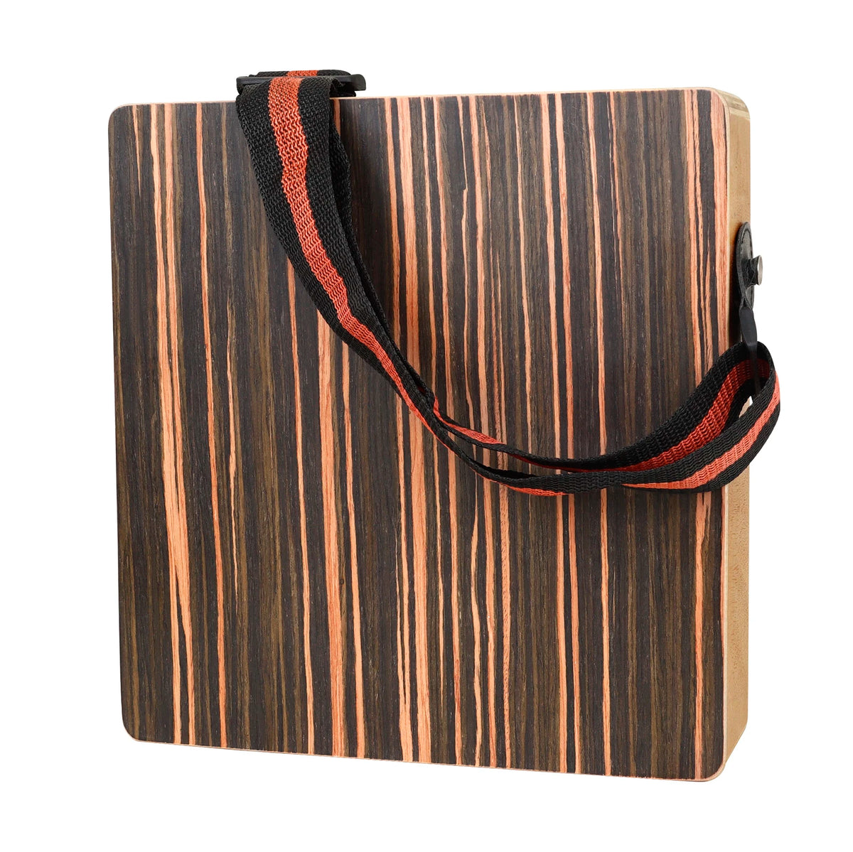 A compact travel cajon drum with a wooden body and an adjustable black strap.