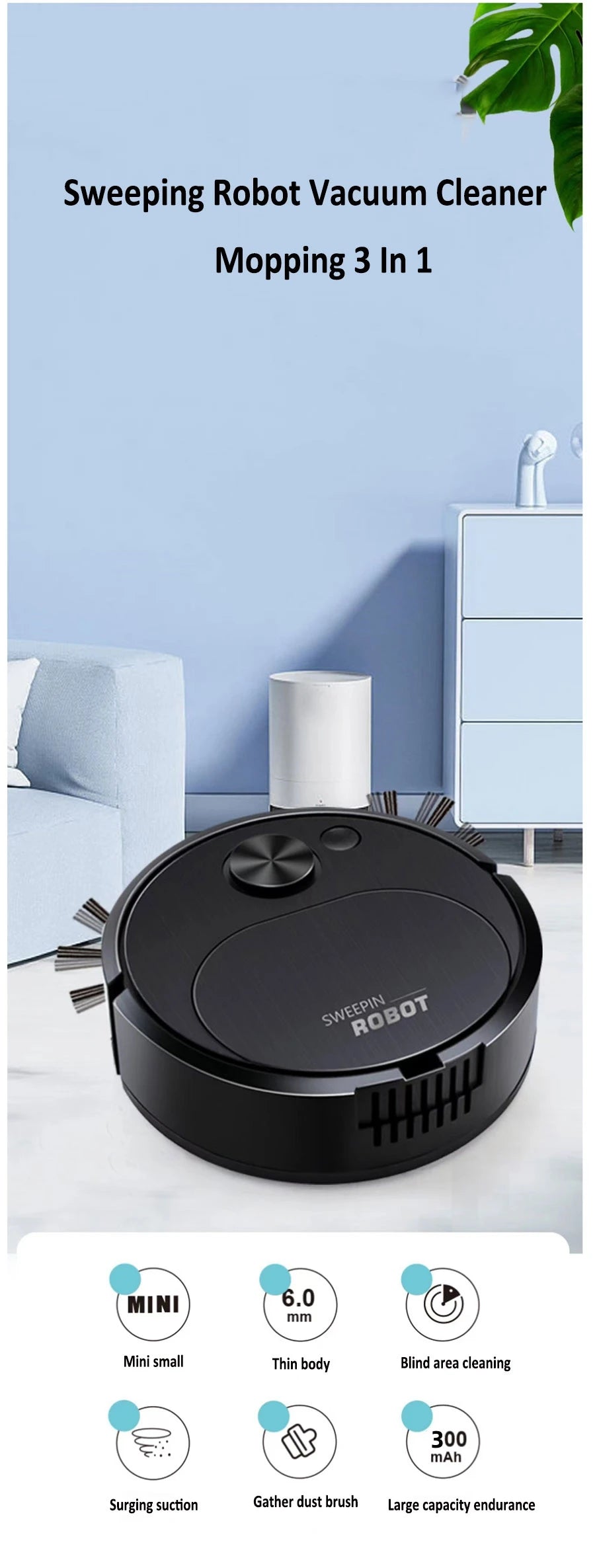 A black 3-in-1 sweeping robot vacuum cleaner is shown on a white surface with various cleaning accessories.