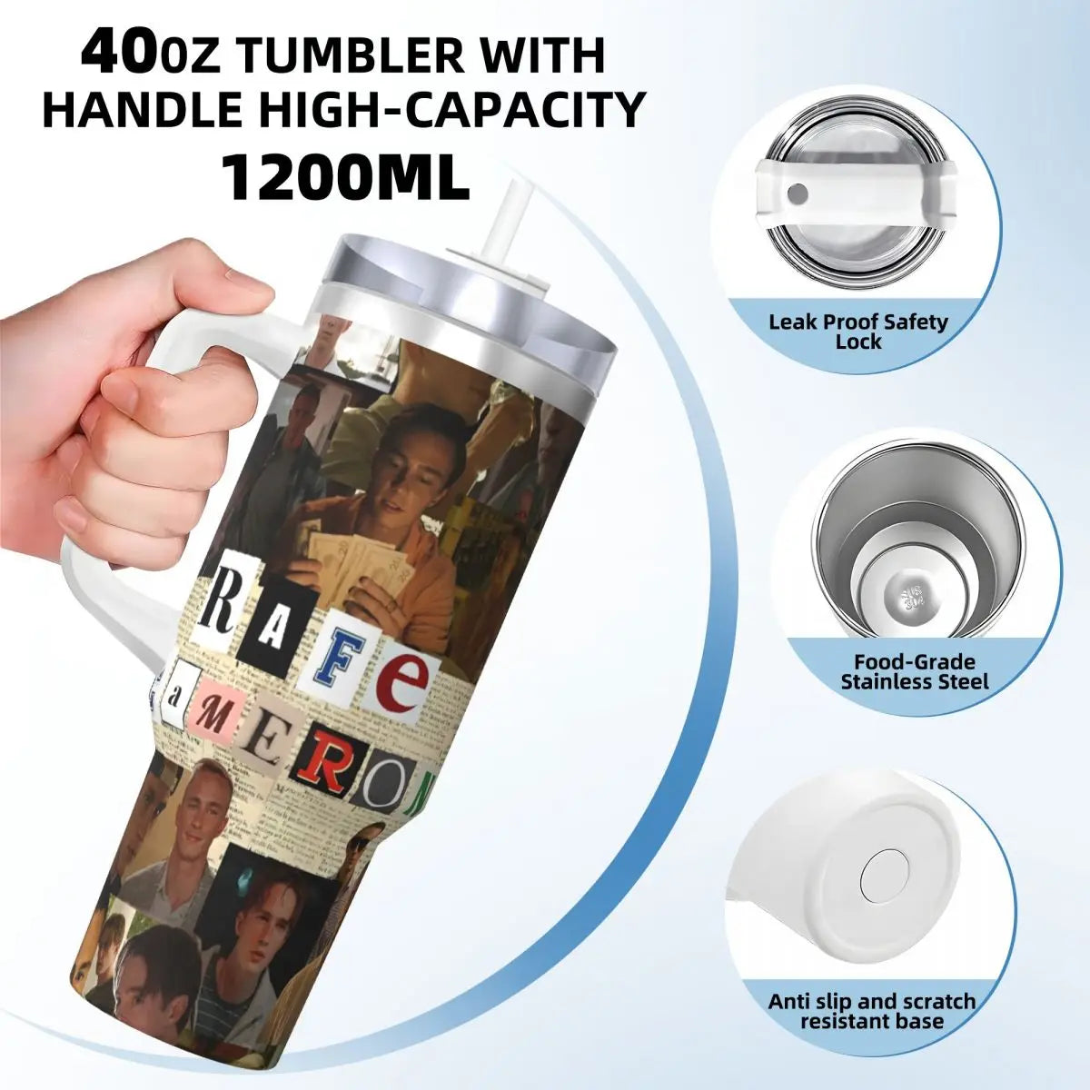 A hand holds a 40oz tumbler with a handle, featuring a graphic design on the side and various safety features shown in inset 