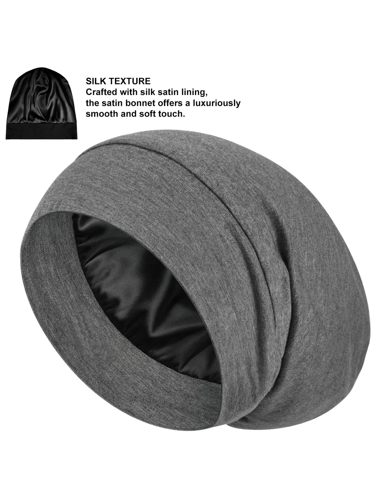 A gray silk satin sleep bonnet rolled up, showing the smooth texture and lining.