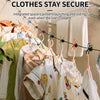 Clothes are hung on a non-slip bead line using integrated spacers to prevent bunching and sliding.
