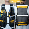 A reflective multi-pocket tool vest shown in day and night views, featuring a phone holder and various tools.