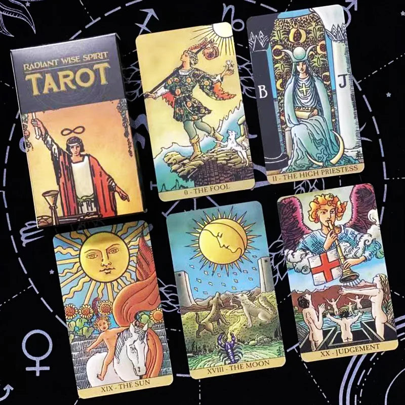 A collection of black tarot cards featuring various Major Arcana and minor cards like The Fool, The Sun, and Judgment.