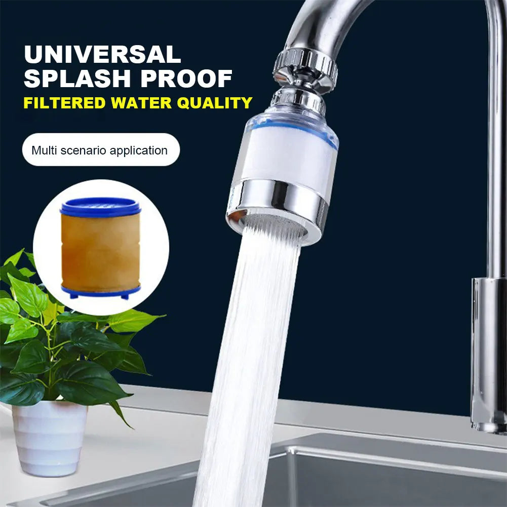A close-up of a kitchen faucet with a water filter nozzle spraying clean water, demonstrating universal splash proof and filt