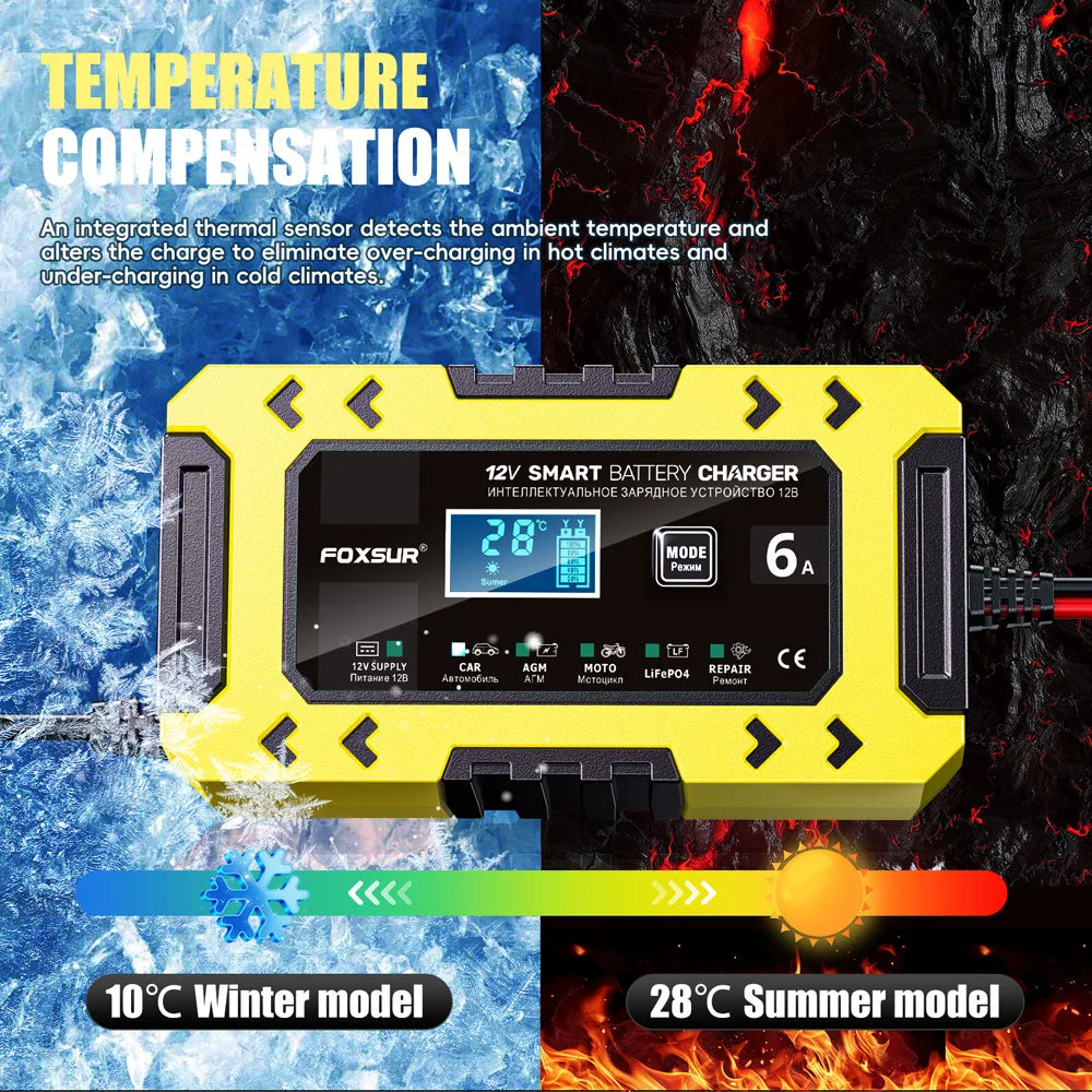 Cargador automático de batería para coche amarillo FoxSur para baterías de 12V con compensación de temperatura