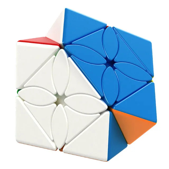 A colorful speed cube puzzle with blue, white, and orange faces shown at an angle.