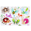 A wooden peg puzzle set featuring various insects and animals like a spider, scorpion, dragonfly, bee, ant, butterfly, ladybi