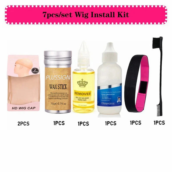 A set of 7 pieces for wig installation including wax stick, liquid, and a hair tool.