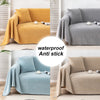 A collection of sofa covers in yellow, gray, and blue fabric with tassel hems shown in various angles.