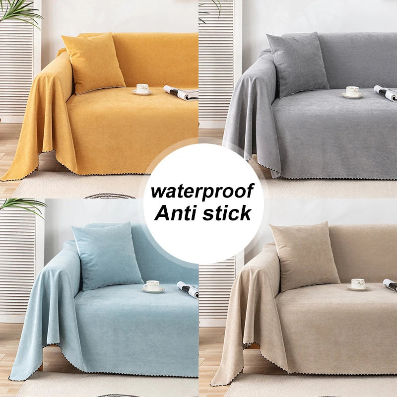 A collection of sofa covers in yellow, gray, and blue fabric with tassel hems shown in various angles.