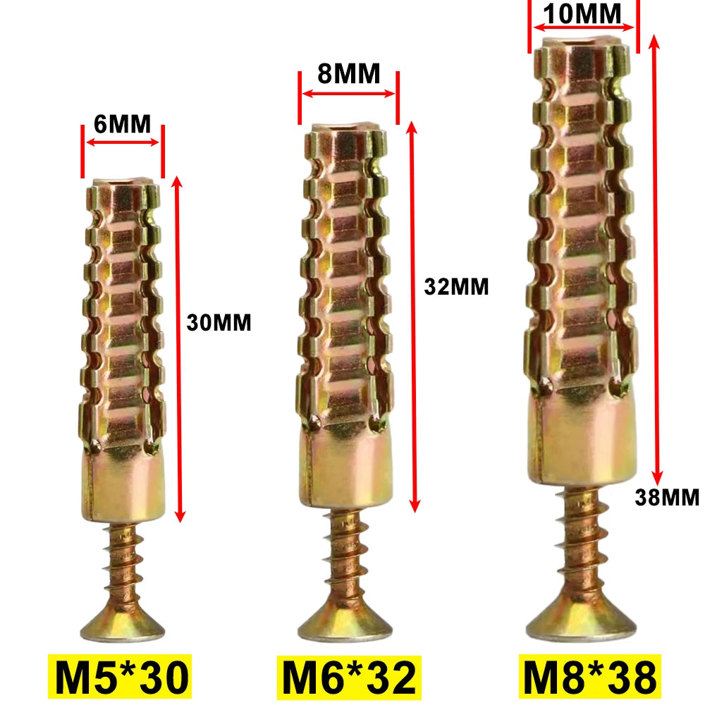 Three steel wall anchor kits labeled M5*30, M6*32, and M8*38 showing different thread sizes.