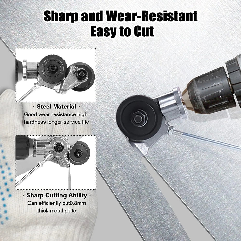 Close-up of a sharp and wear-resistant metal nibbler attachment for electric drills, showing its construction and cutting abi