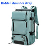 A light blue laptop backpack featuring a hidden shoulder strap and an external shoe bag pocket.