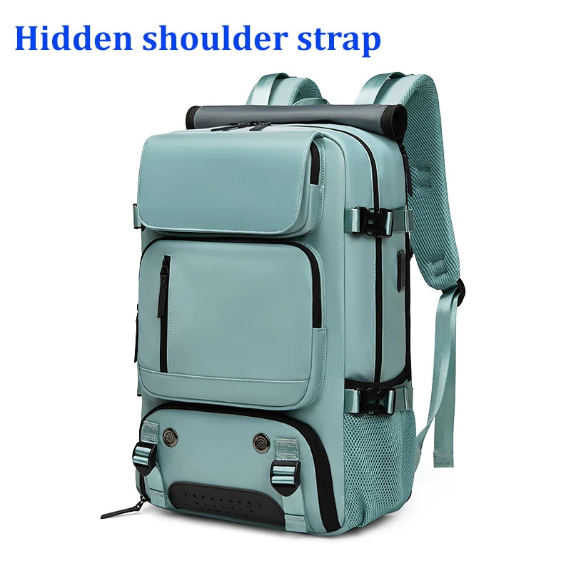 A light blue laptop backpack featuring a hidden shoulder strap and an external shoe bag pocket.