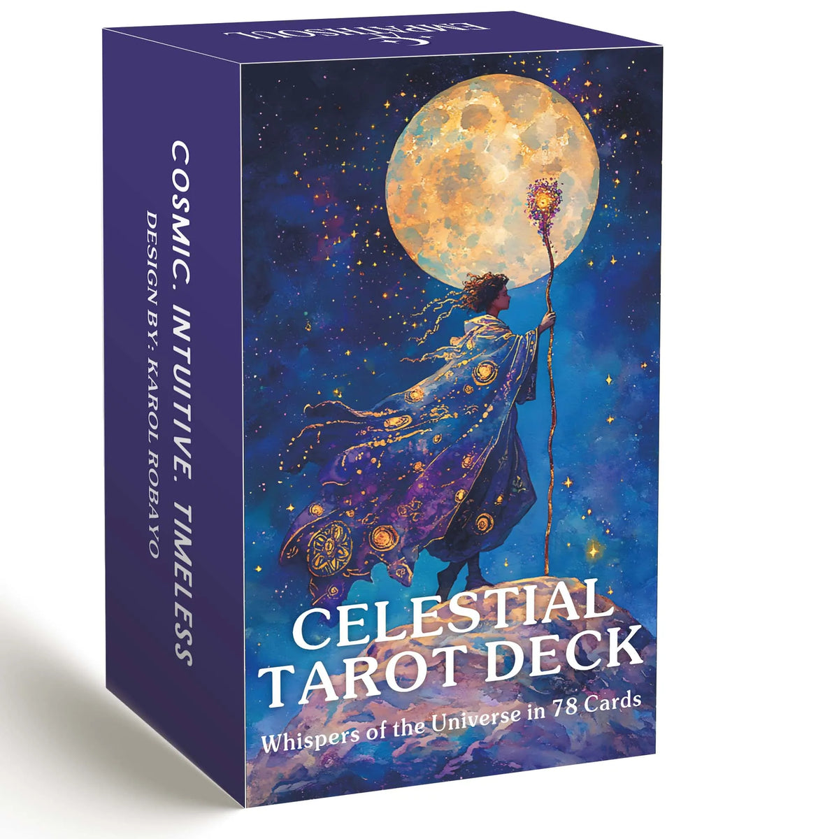 A box of the Celestial Tarot Deck featuring a large moon and starry background.