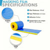 A roll of blue masking film and a piece of yellow tape are shown with specifications for film thickness, tape thickness, adhe