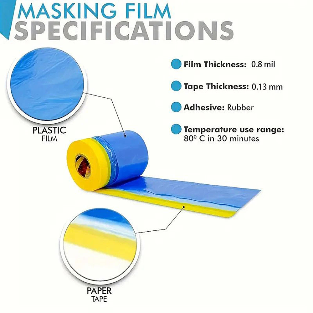 A roll of blue masking film and a piece of yellow tape are shown with specifications for film thickness, tape thickness, adhe