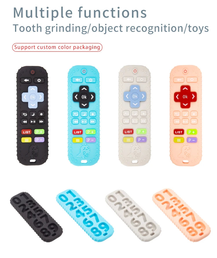 A set of silicone baby teether toys shaped like remote controls in black, blue, beige, and pink.