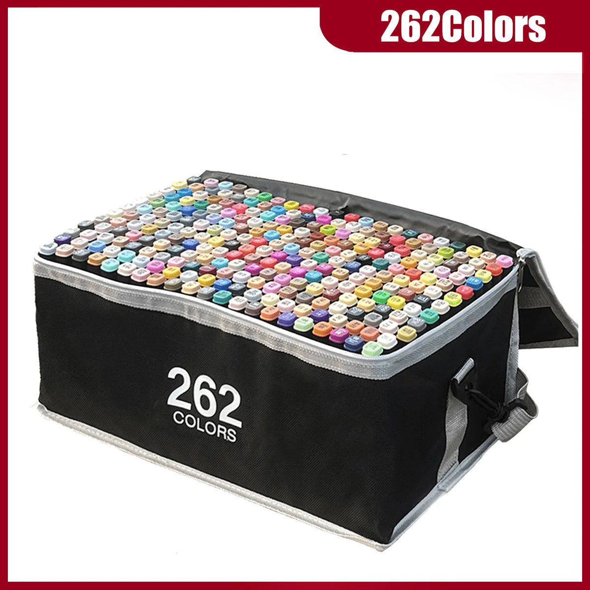 A black case filled with 262 alcohol markers in various colors, ready for art use.