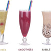 Three drinks are shown: shakes, smoothies, and bubble tea.