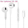 White wired earphones for iPhone 15-16 featuring a microphone and a detachable connector.