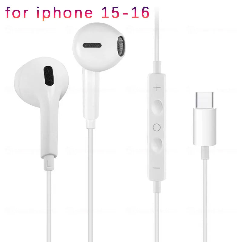 White wired earphones for iPhone 15-16 featuring a microphone and a detachable connector.