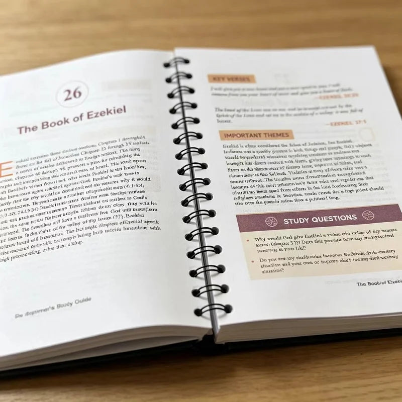 An open notebook showing a page titled The Book of Ezekiel with study questions and text.
