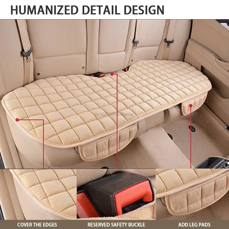 A beige plush car seat cover with quilted design shown in various close-up views.