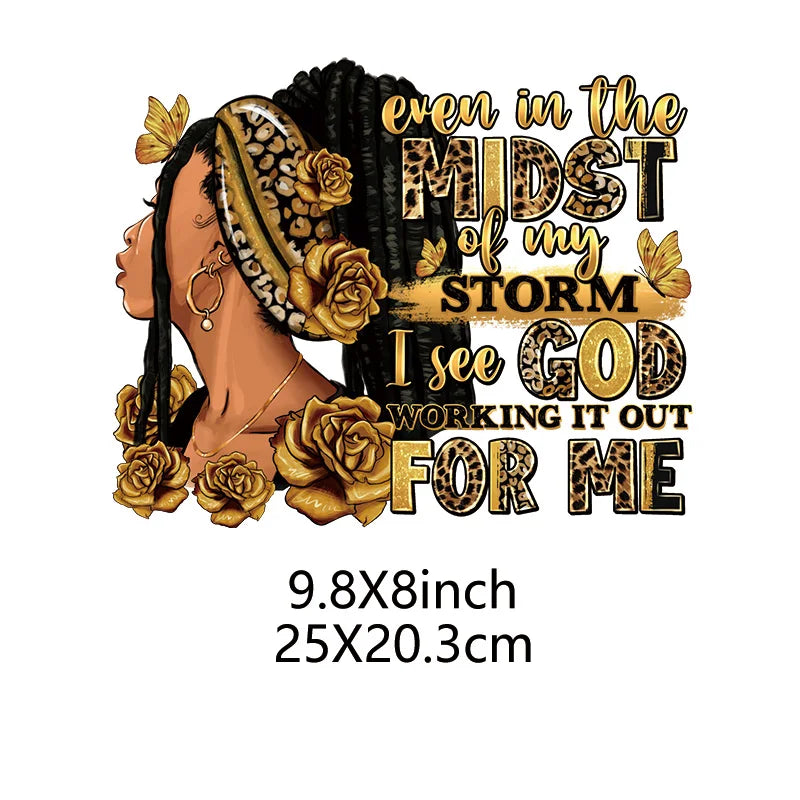 A black and gold design featuring a woman's profile with dreadlocks and roses, overlaid with inspirational text.