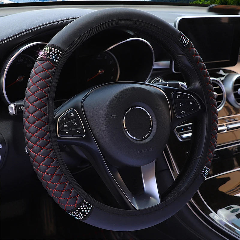 Rhinestone PU Leather Steering Wheel Cover