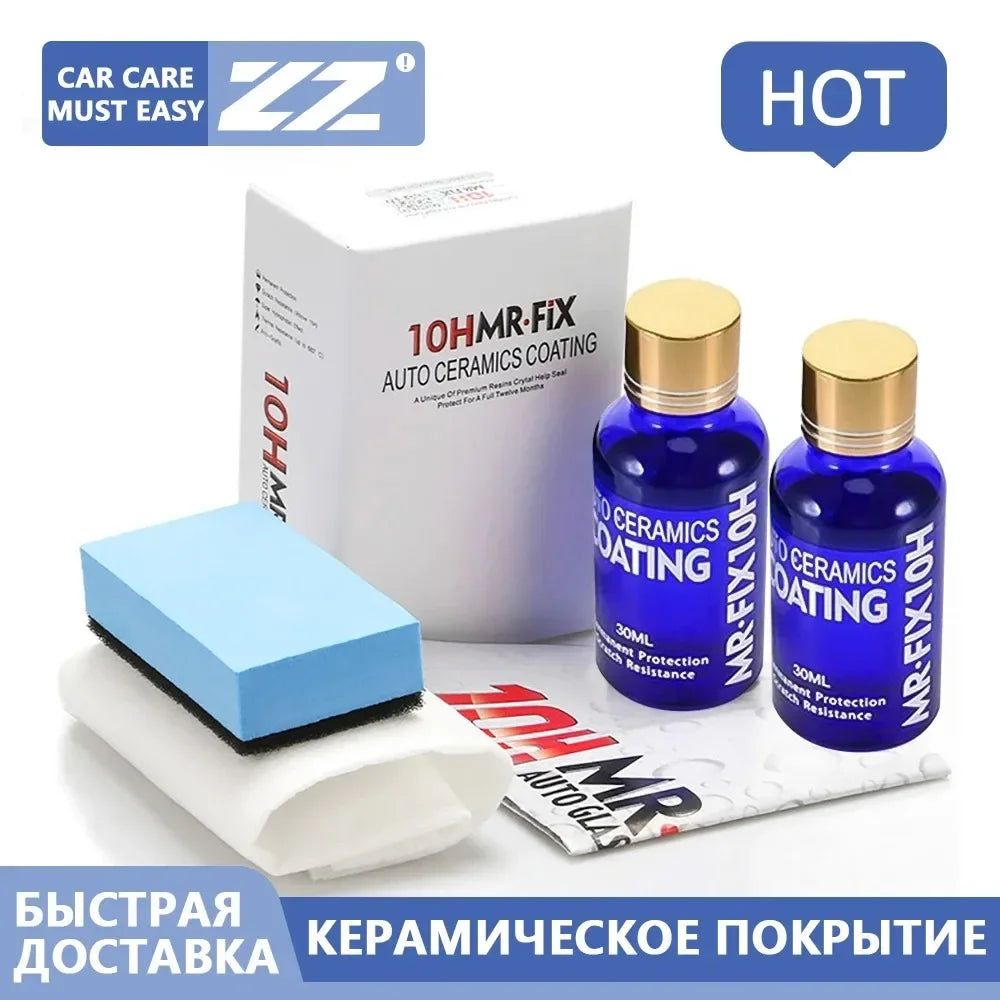 A bottle of MRFIX10 auto ceramics coating kit with a blue cap and a white cloth in the background.