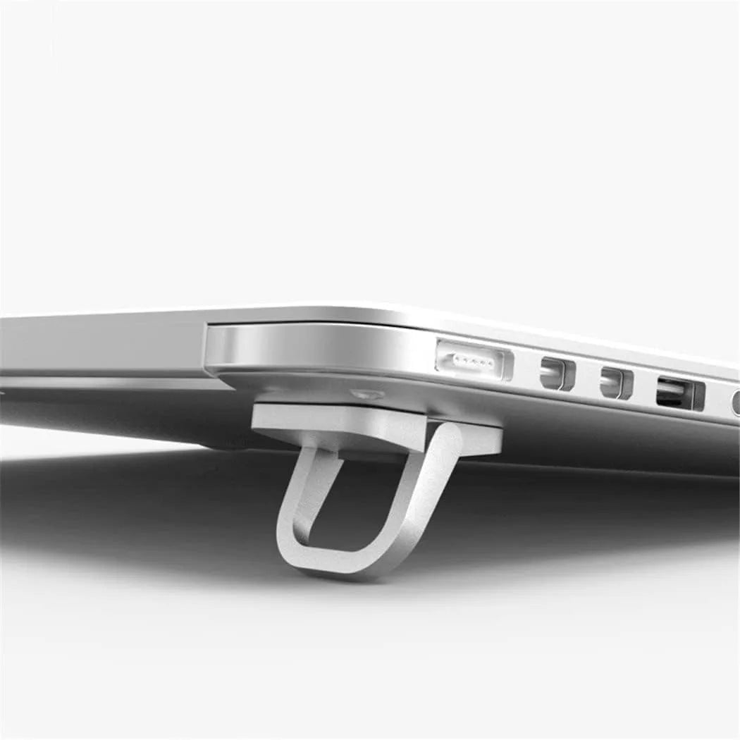 A silver aluminum laptop riser with a U-shaped mounting bracket is shown on a white surface.
