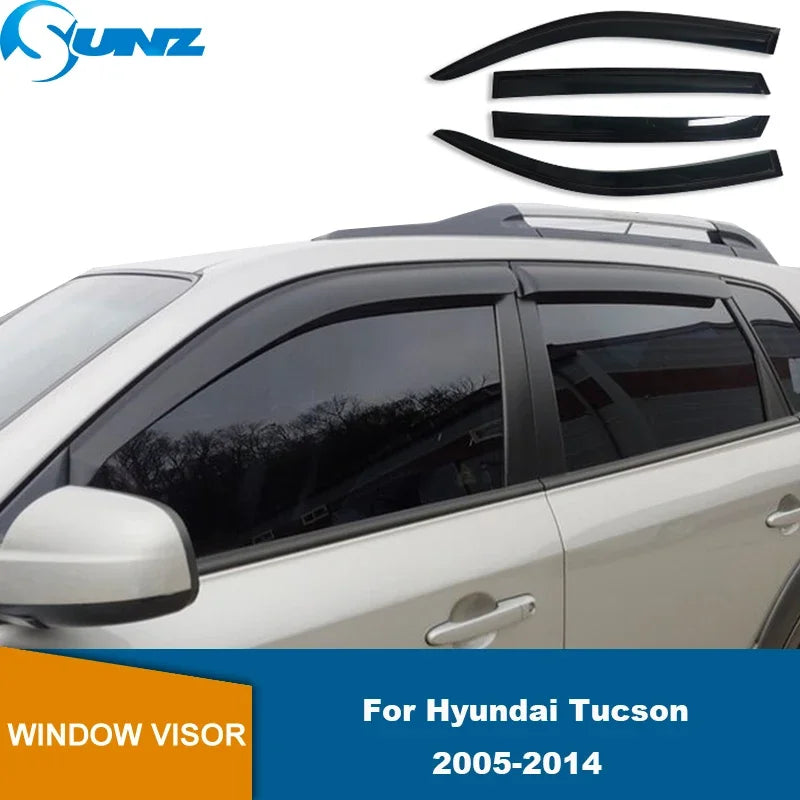 Black window visors for a Hyundai Tucson 2005-2014 vehicle.