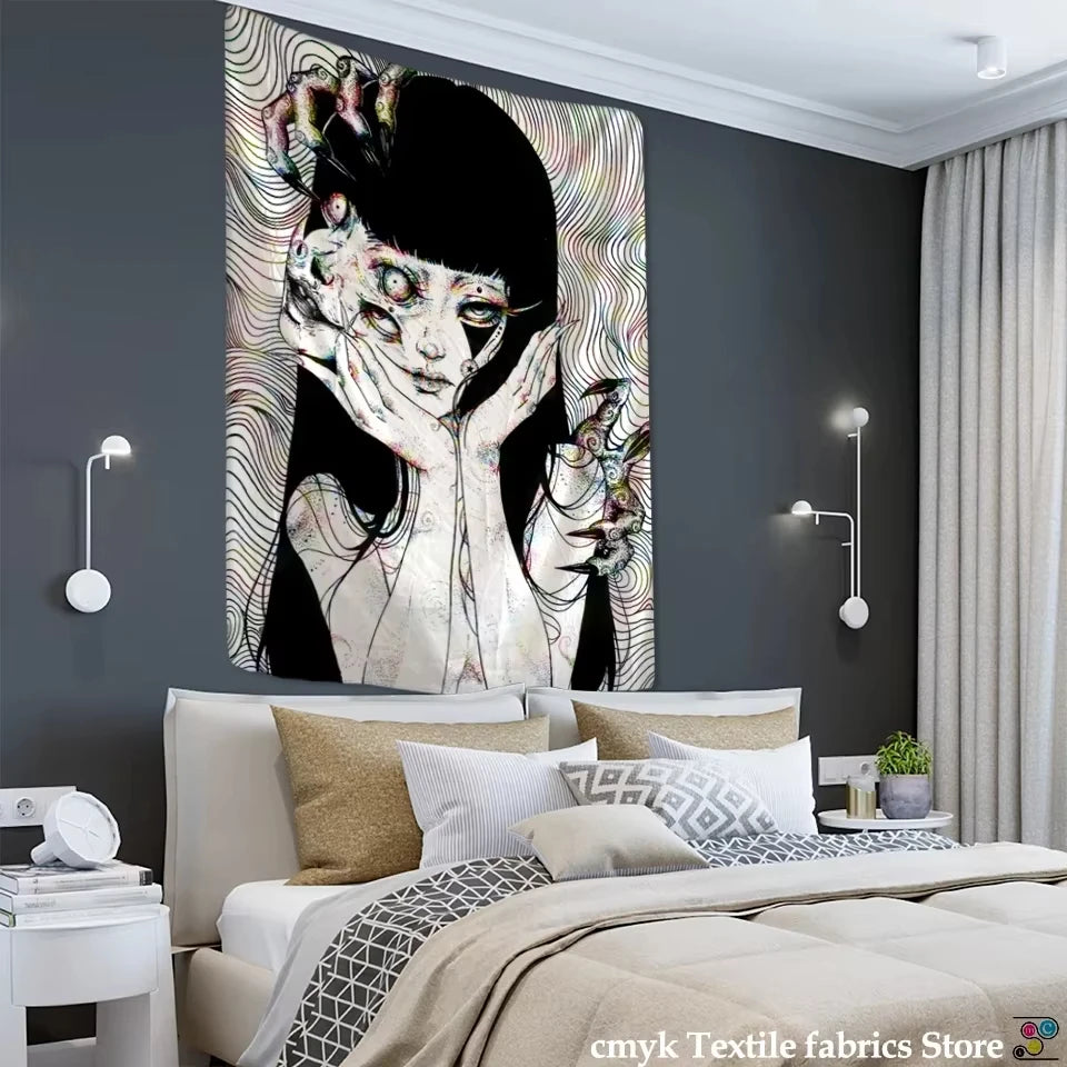 A dark wall hanging featuring a stylized, pale face with unsettling details in a horror style.
