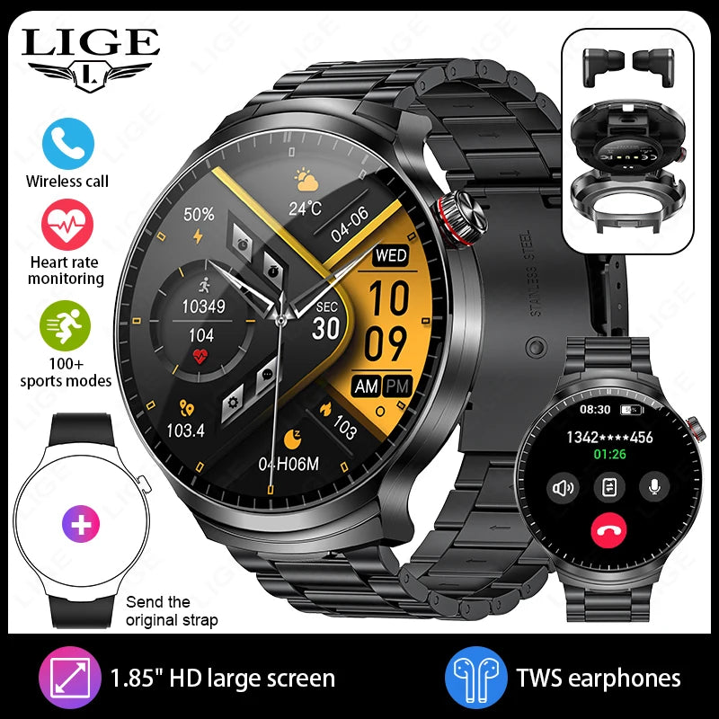 Montre connectée noire avec bracelet en silicone et écouteurs TWS noirs.